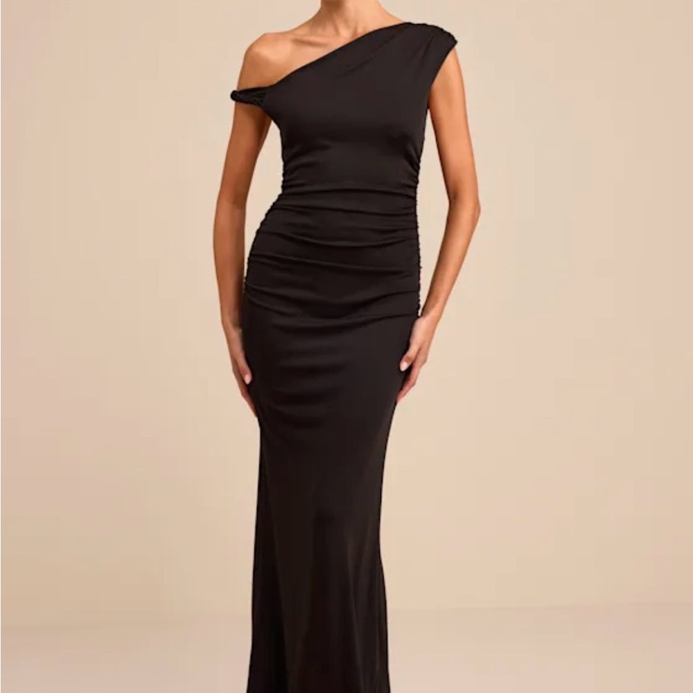 Lulus Oriella Black Asymmetrical Ruched Mermaid Maxi Dress